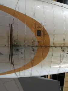 The underside of a Boeing 757's tail
